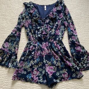 Xhilaration - Navy Blue Floral Long Sleeve Shorts Romper
